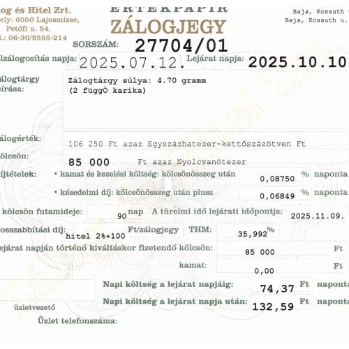 B-27704 sz. zálogjegy