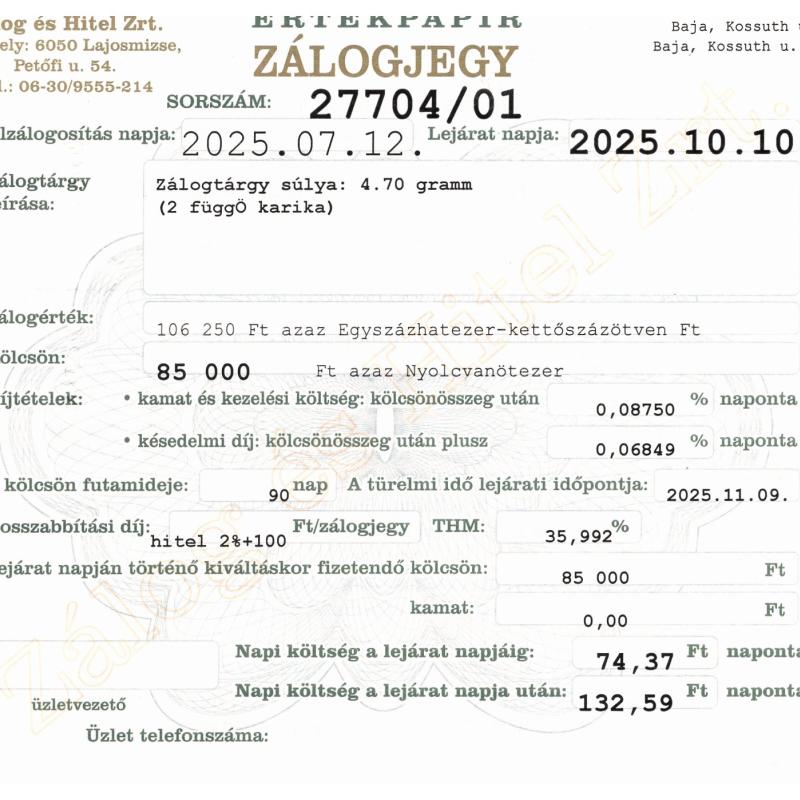 B-27704 sz. zálogjegy