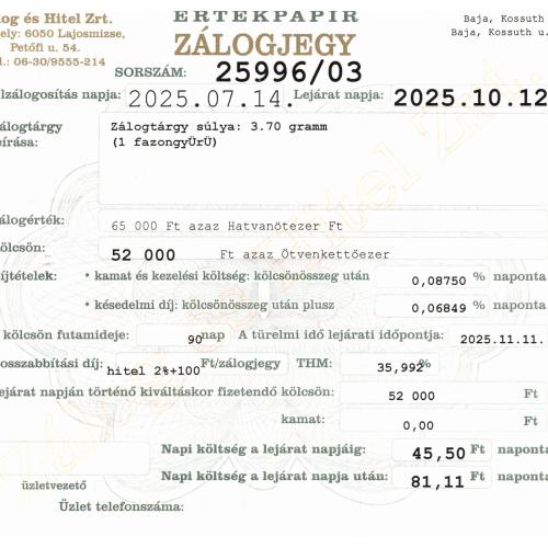 B-25996 sz. zálogjegy