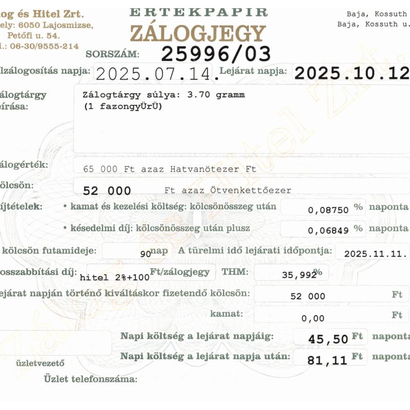 B-25996 sz. zálogjegy