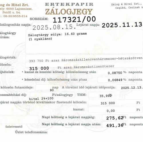 C-117321 sz. zálogjegy