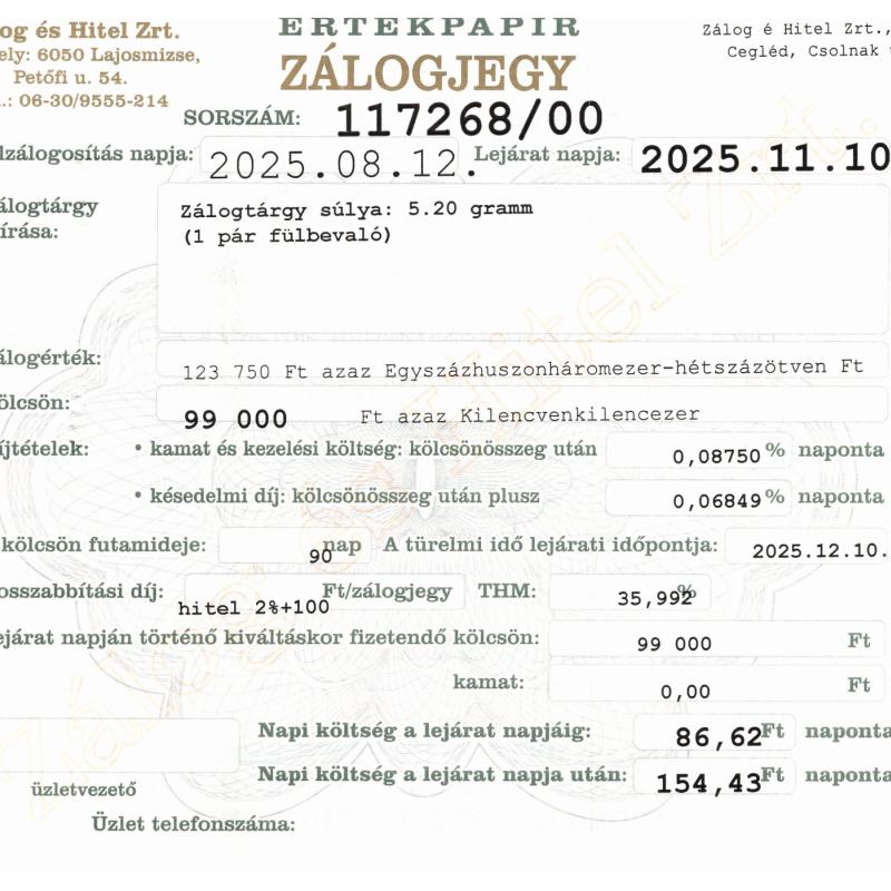 C-117268 sz. zálogjegy