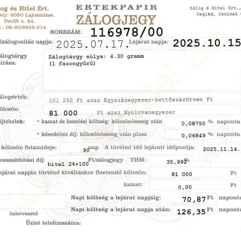 C-116978 sz. zálogjegy