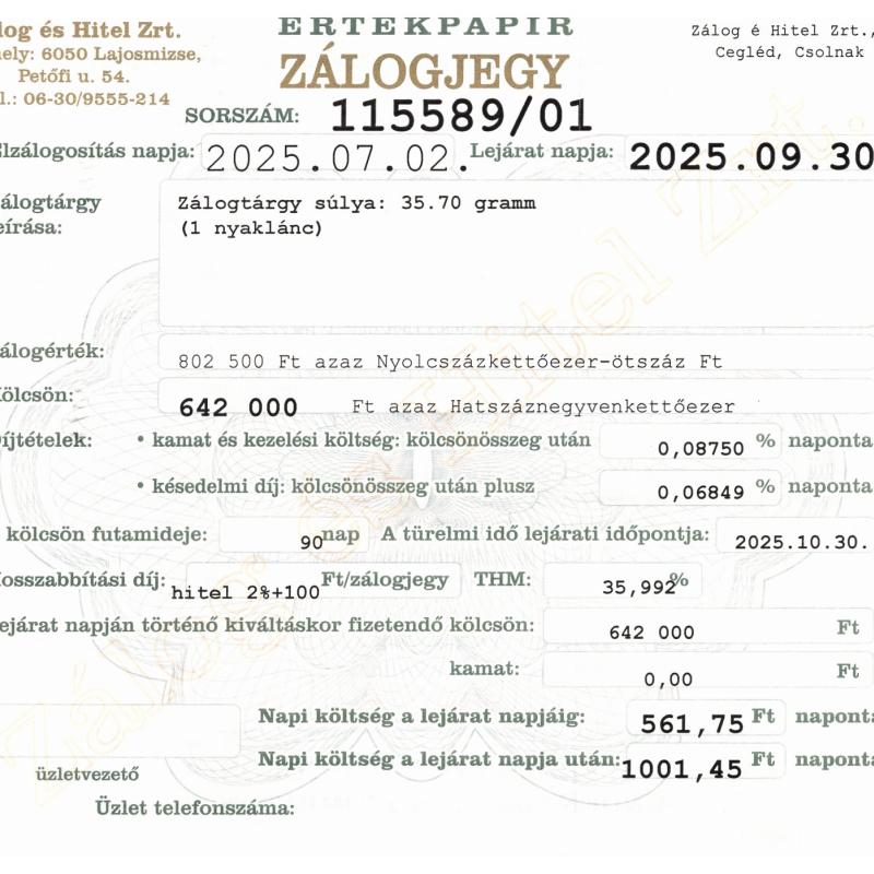 C-115589 sz. zálogjegy