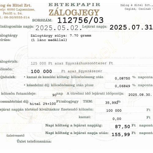 C-112756 sz. zálogjegy