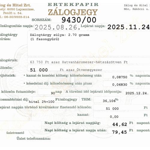 M-9430 sz. zálogjegy