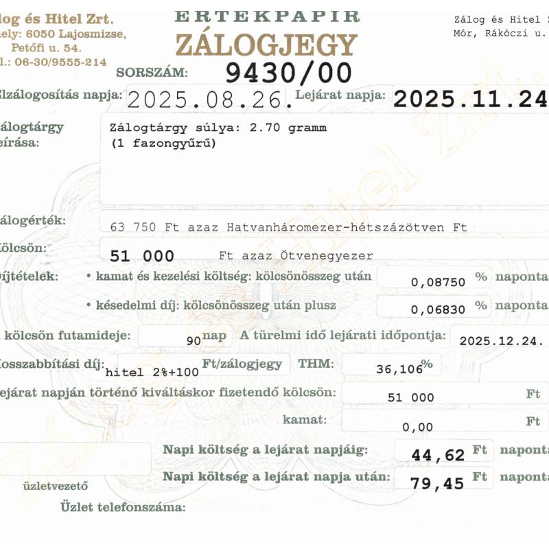 M-9430 sz. zálogjegy