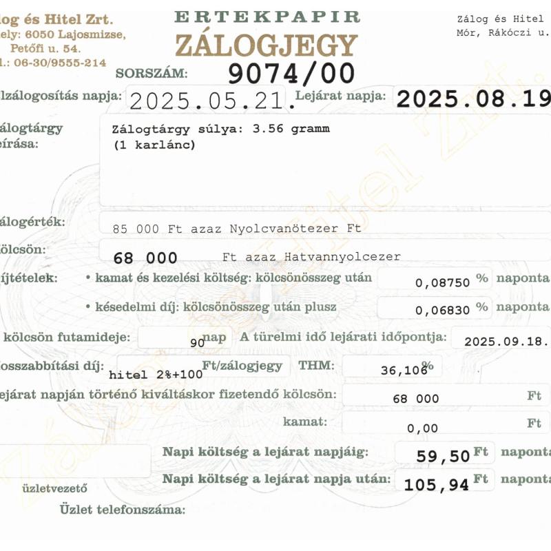 M-9074 sz. zálogjegy