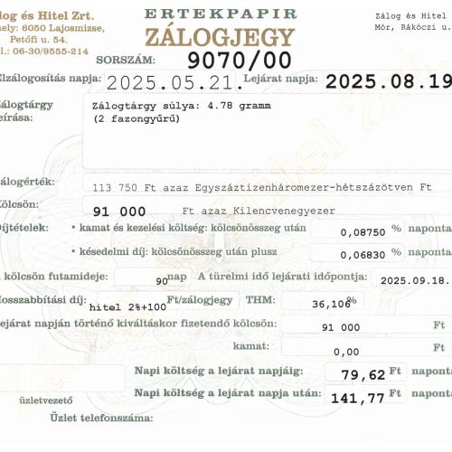 M-9070 sz. zálogjegy