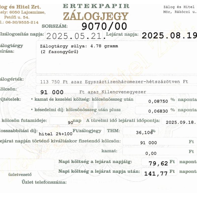 M-9070 sz. zálogjegy
