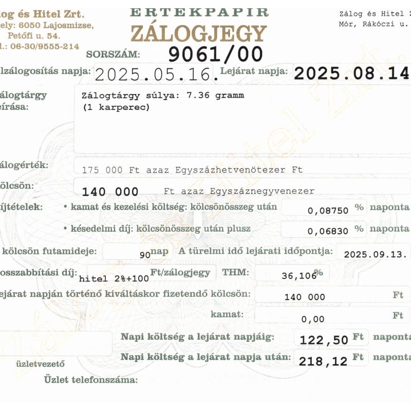 M-9061 sz. zálogjegy
