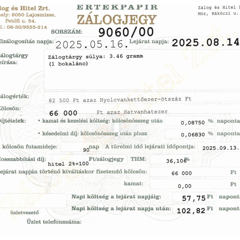 M-9060 sz. zálogjegy