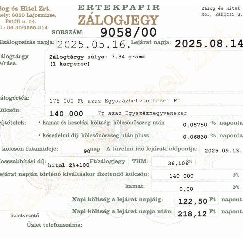 M-9058 sz. zálogjegy