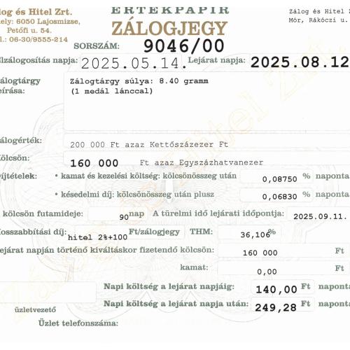 M-9046 sz. zálogjegy