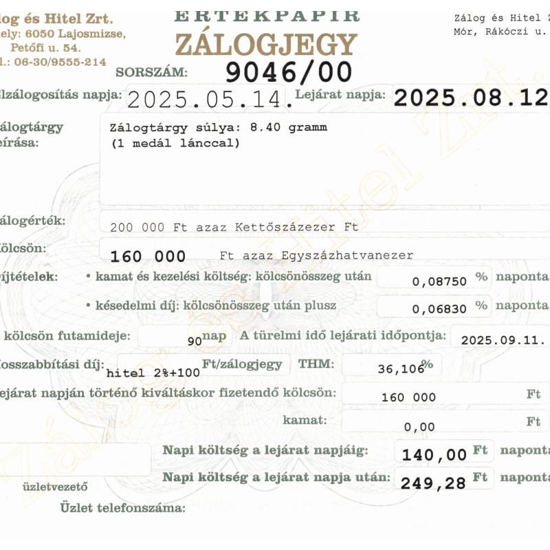 M-9046 sz. zálogjegy