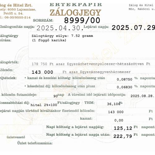 M-8999 sz. zálogjegy