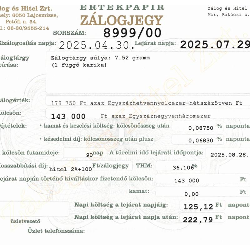 M-8999 sz. zálogjegy