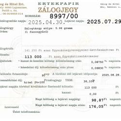 M-8997 sz. zálogjegy