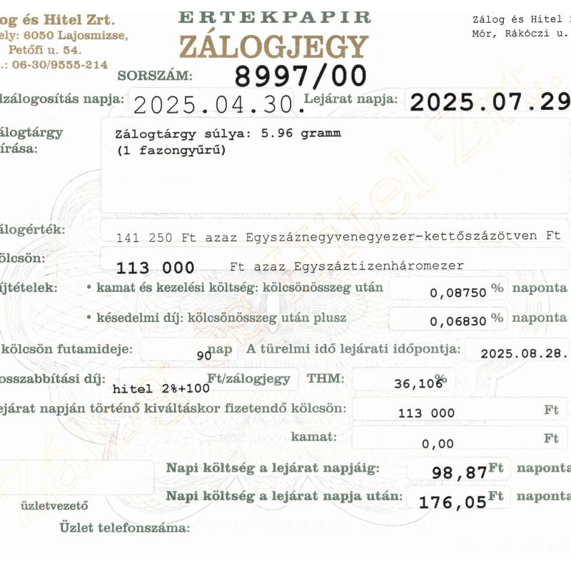 M-8997 sz. zálogjegy