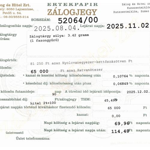 Z-52064 sz. zálogjegy
