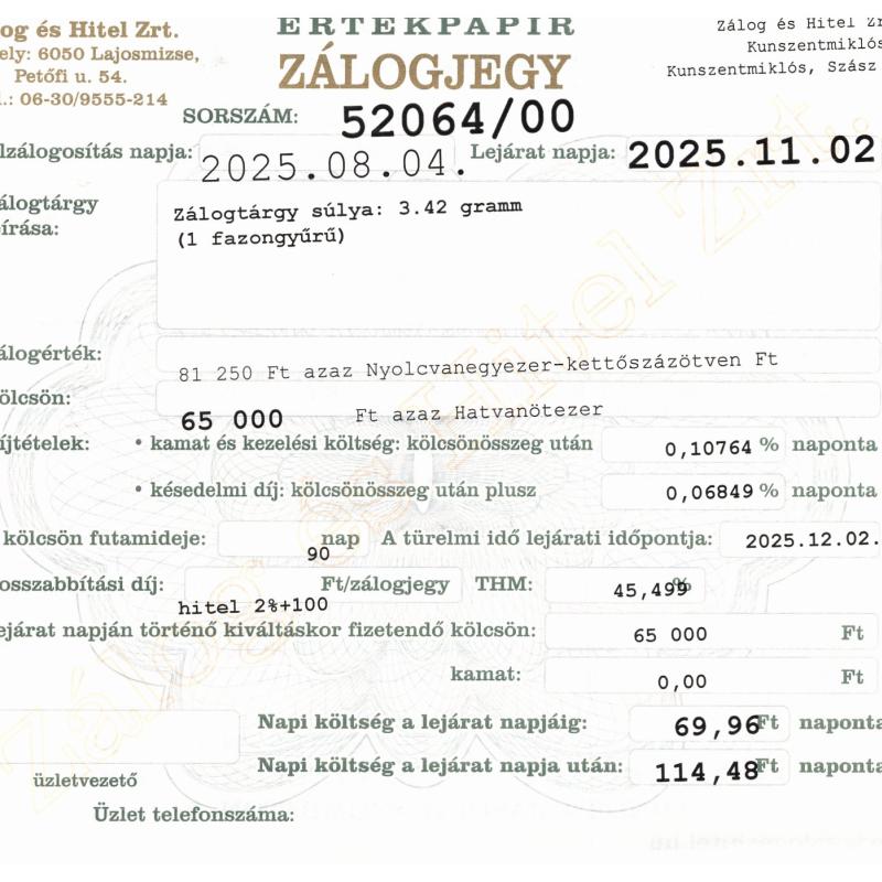 Z-52064 sz. zálogjegy