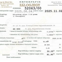 Z-52063 sz. zálogjegy
