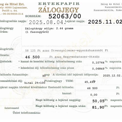 Z-52063 sz. zálogjegy