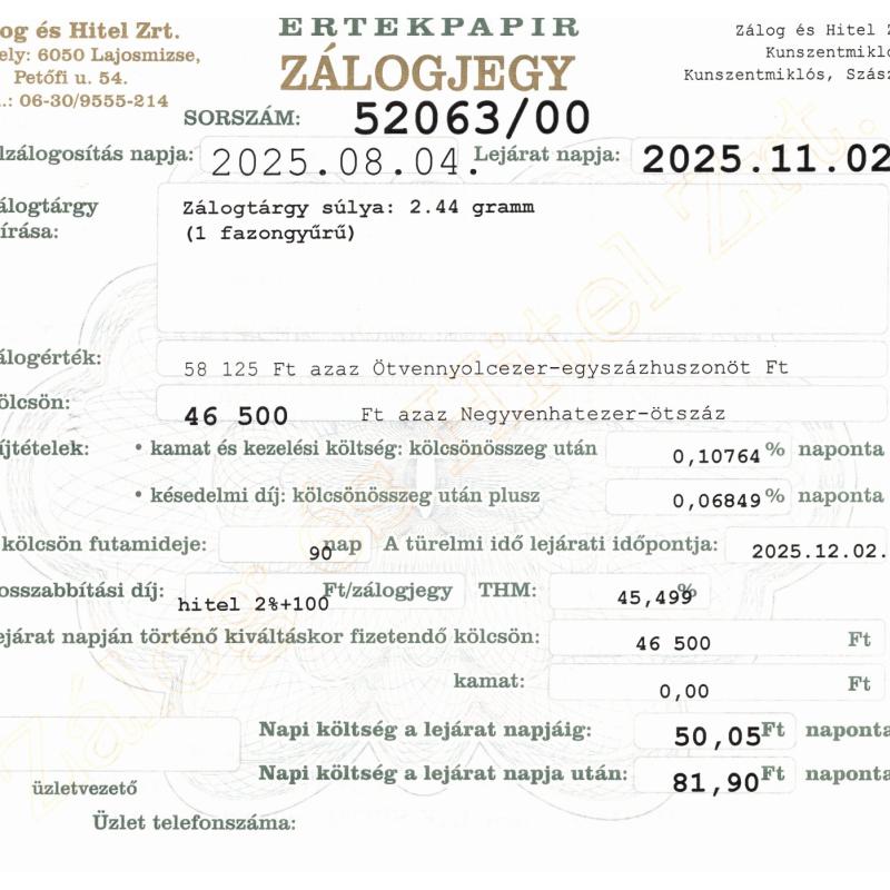 Z-52063 sz. zálogjegy