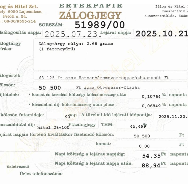 Z-51989 sz. zálogjegy