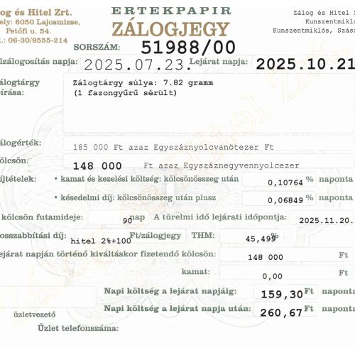 Z-51988 sz. zálogjegy