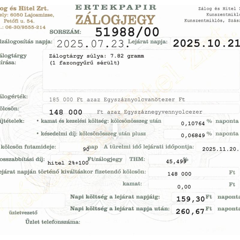 Z-51988 sz. zálogjegy
