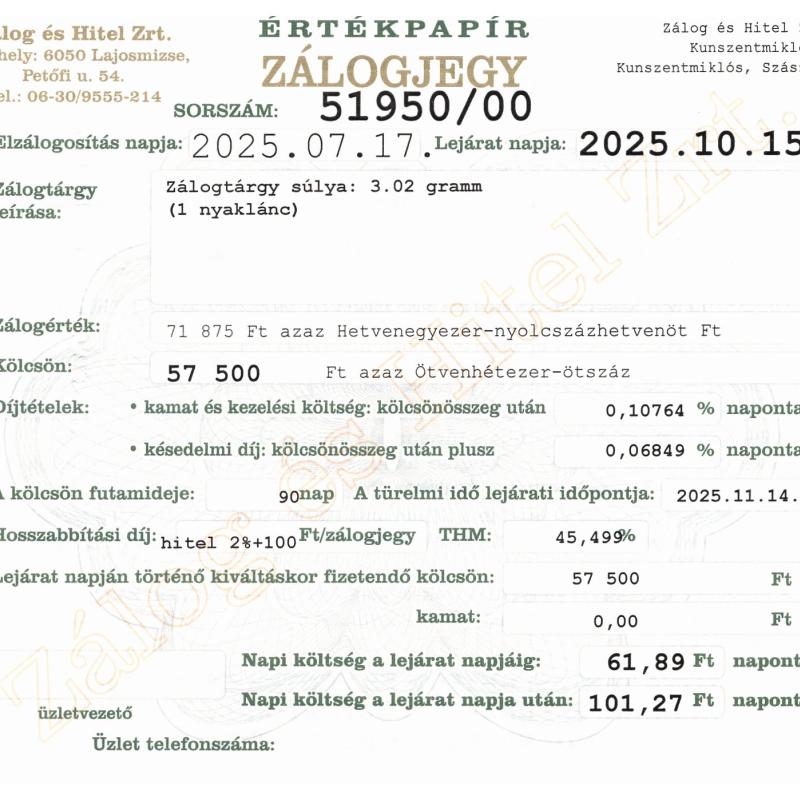Z-51950 sz. zálogjegy