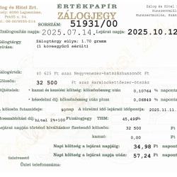 Z-51931 sz. zálogjegy