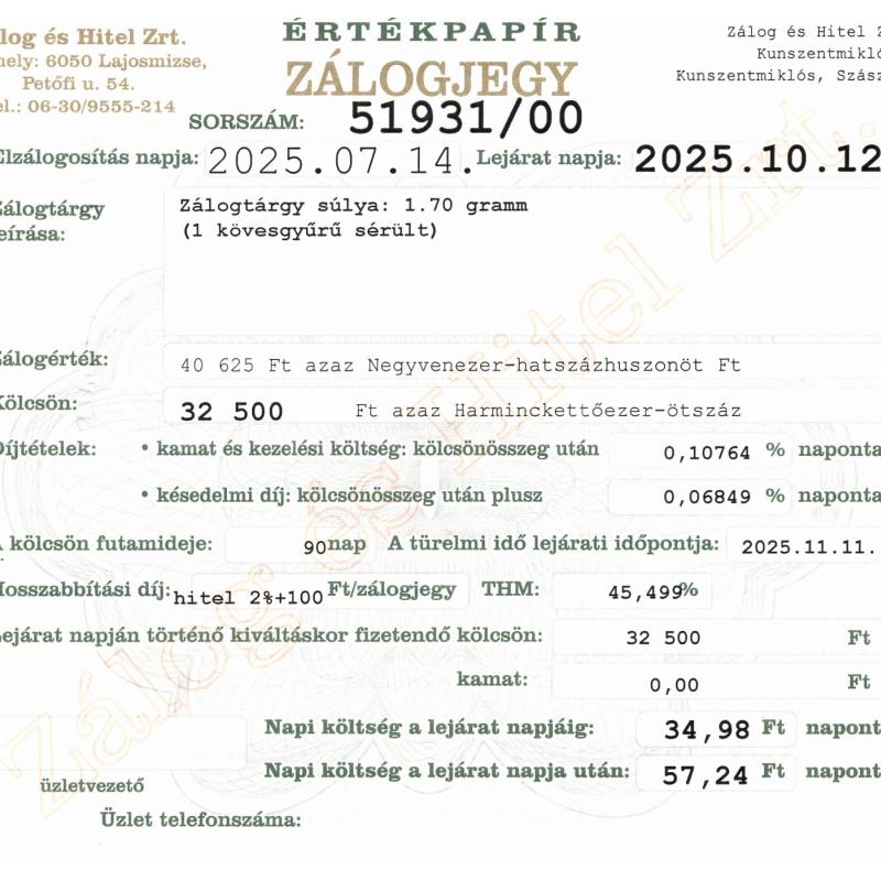Z-51931 sz. zálogjegy