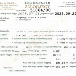 Z-51864 sz. zálogjegy