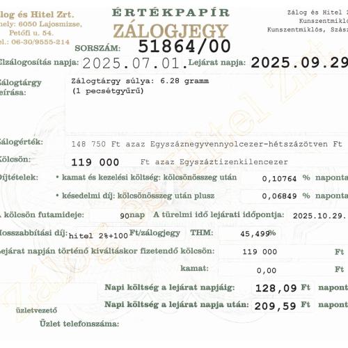 Z-51864 sz. zálogjegy