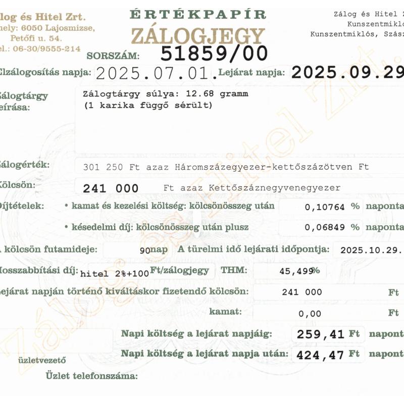 Z-51859 sz. zálogjegy