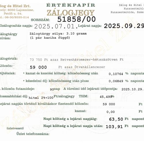 Z-51858 sz. zálogjegy