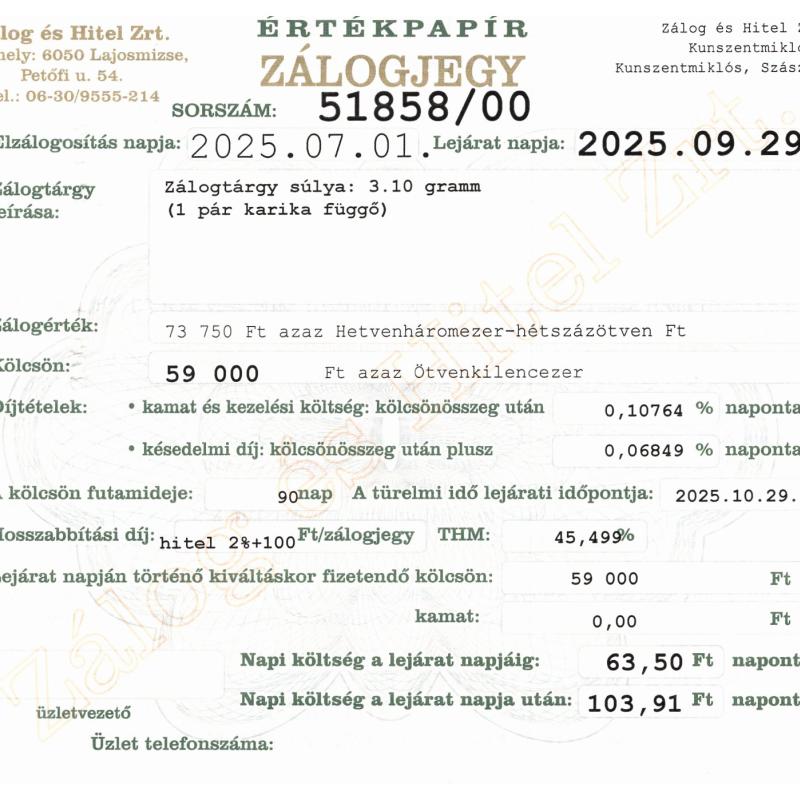 Z-51858 sz. zálogjegy