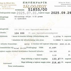 Z-51855 sz. zálogjegy