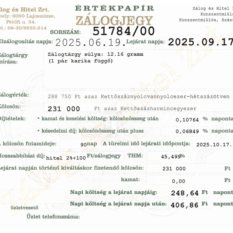 Z-51784 sz. zálogjegy