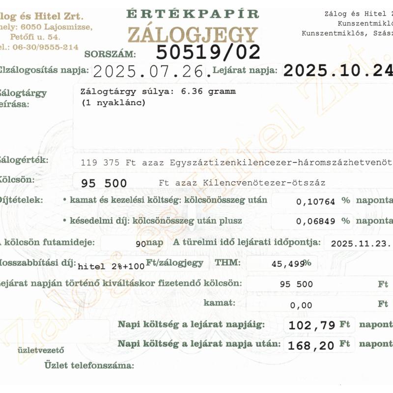 Z-50519 sz. zálogjegy