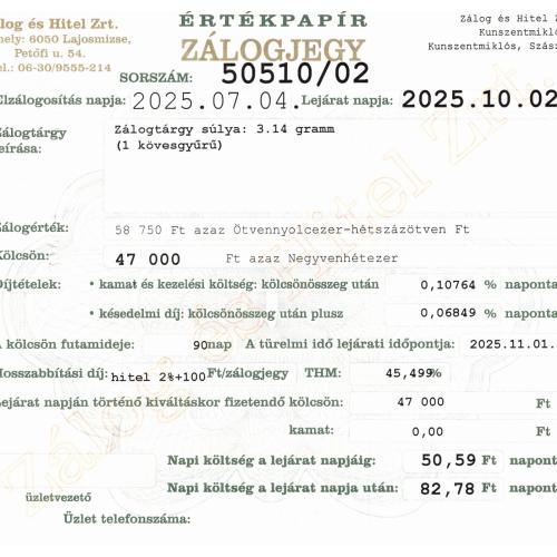Z-50510 sz. zálogjegy