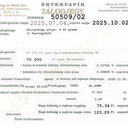 Z-50509 sz. zálogjegy