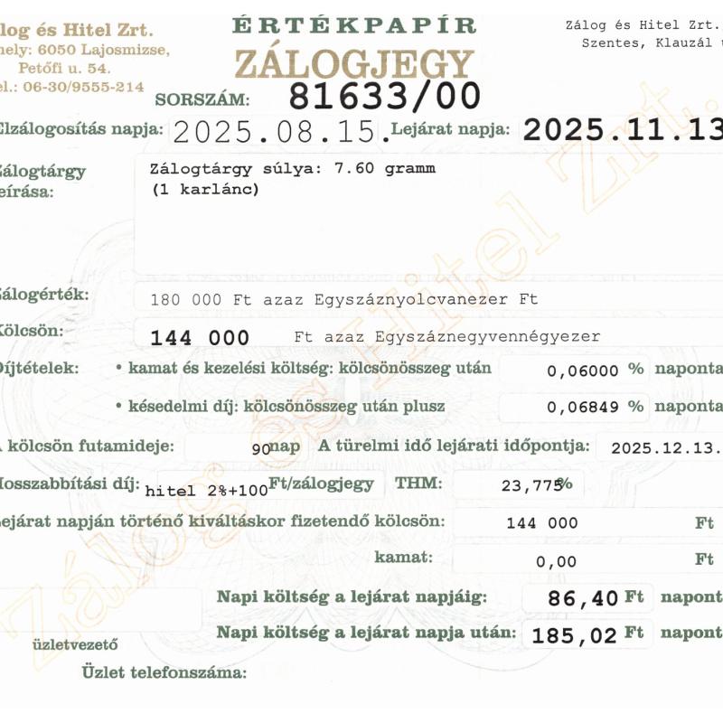 S-81633 sz. zálogjegy