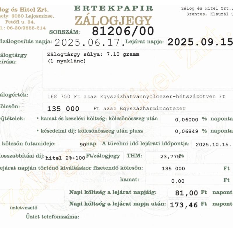 S-81206 sz. zálogjegy