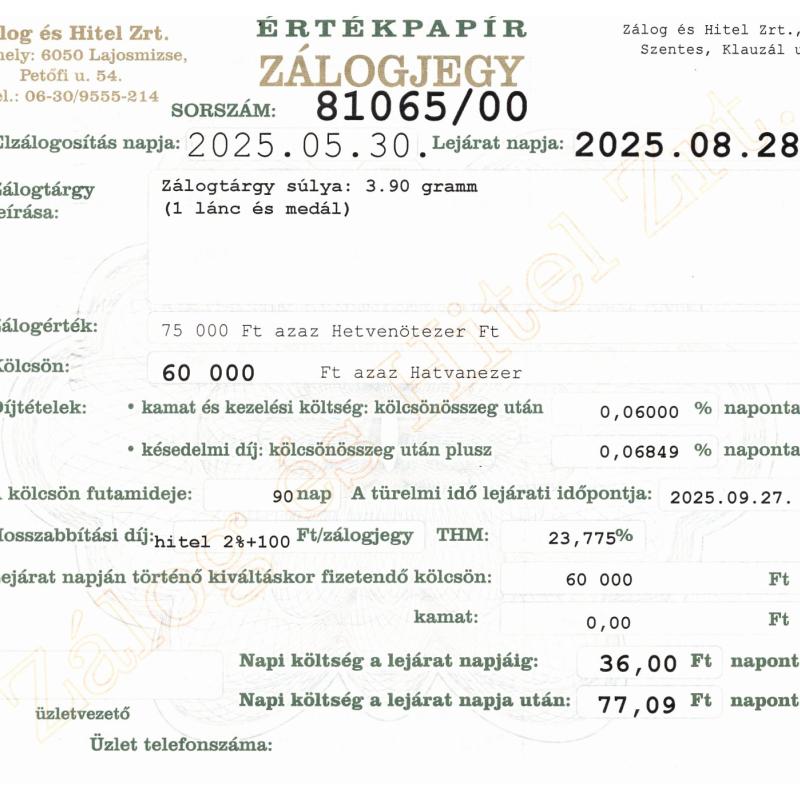 S-81065 sz. zálogjegy