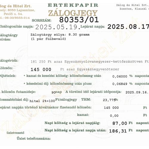 S-80353 sz. zálogjegy