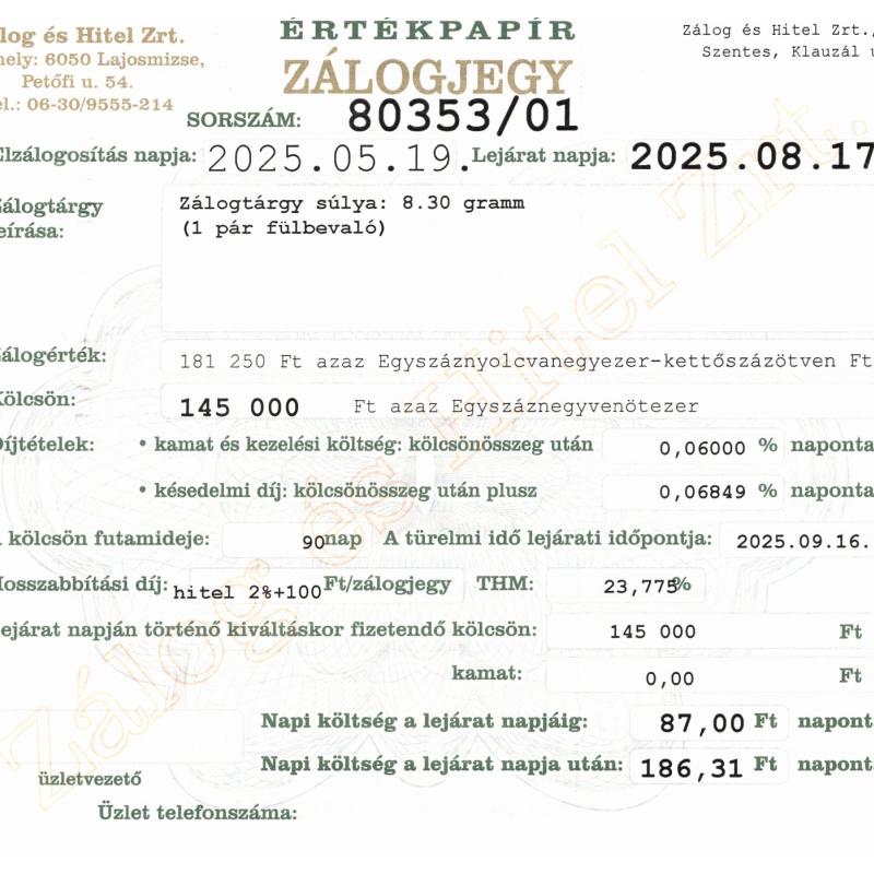S-80353 sz. zálogjegy