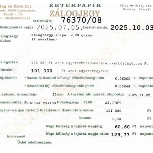 S-76370 sz. zálogjegy